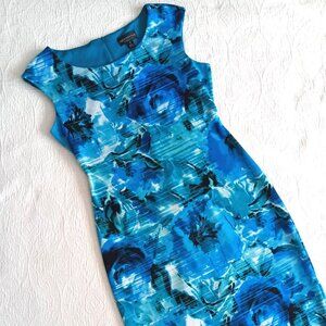 Connected Apparel Boatneck Sheath Dress Blue Teal Floral Size 6
